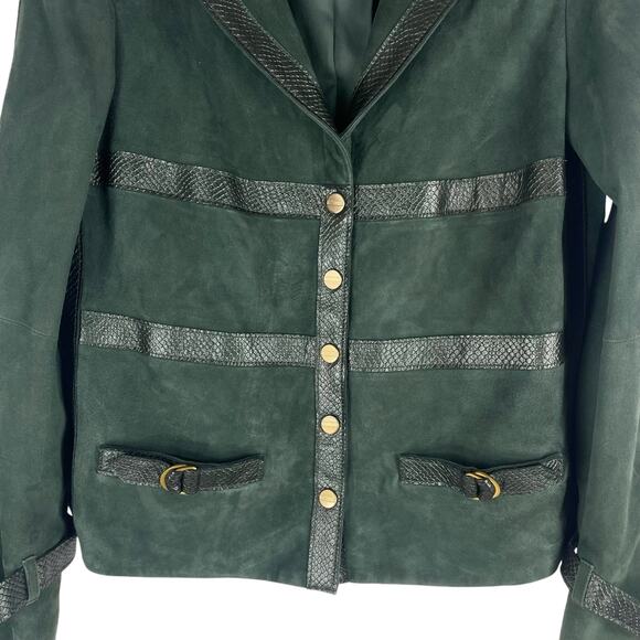 Worth NY Snake Leather Trim Suede Jacket Snap Button Dark Green Size 4 - Picture 5 of 11
